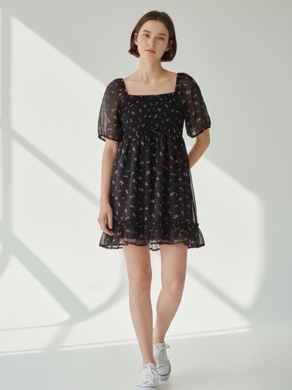 Sugar & Jade black floral smocked dress, size L